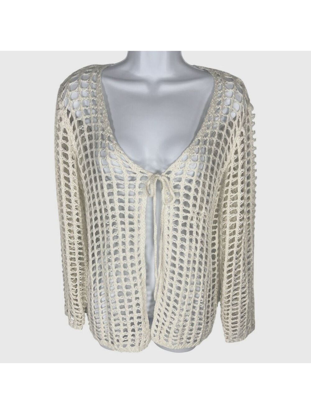 Ivory Crochet Knit Open Front Cardigan Boho Coquette Coastal Cottagecore Tie S